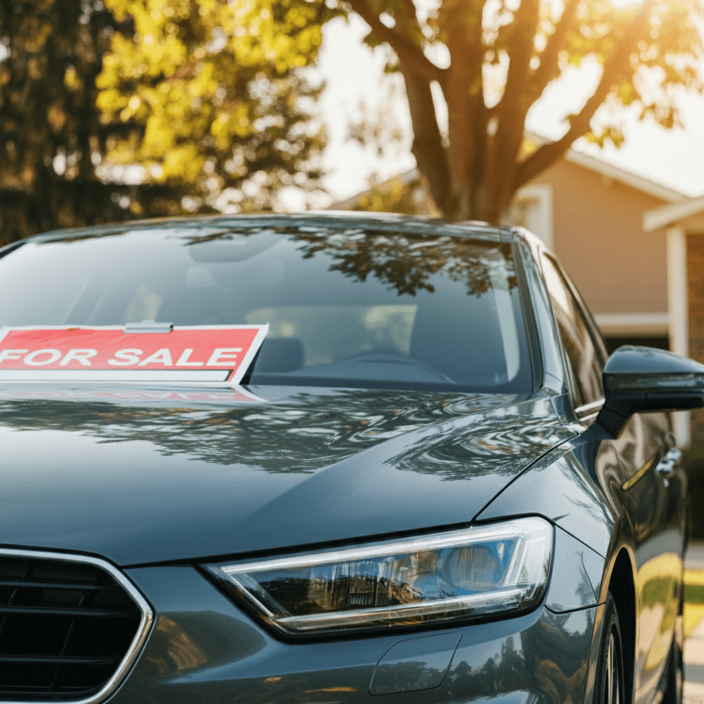 Close-Up Of A Car With A &Quot;For Sale&Quot; Sign Displayed In The Windshield.