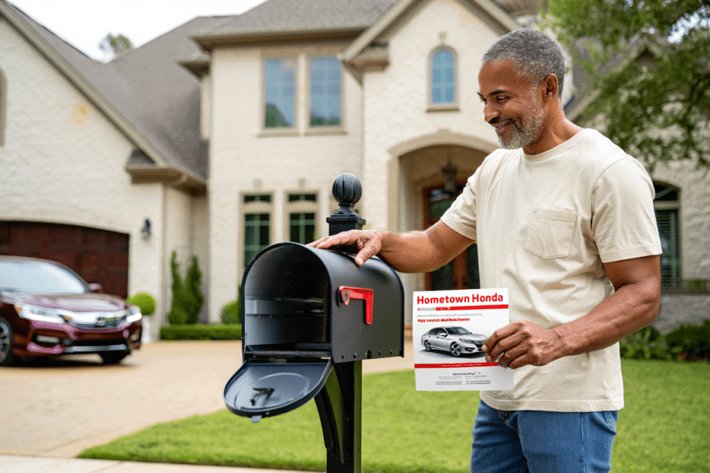 auto buyer pulling direct mail piece from mailbox. Mail by Willowood Ventures