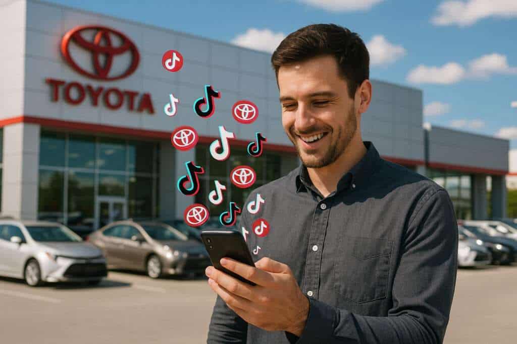 Man stands in front of Toyota dealership watching car dealership TikTok ads from Willowood Ventures