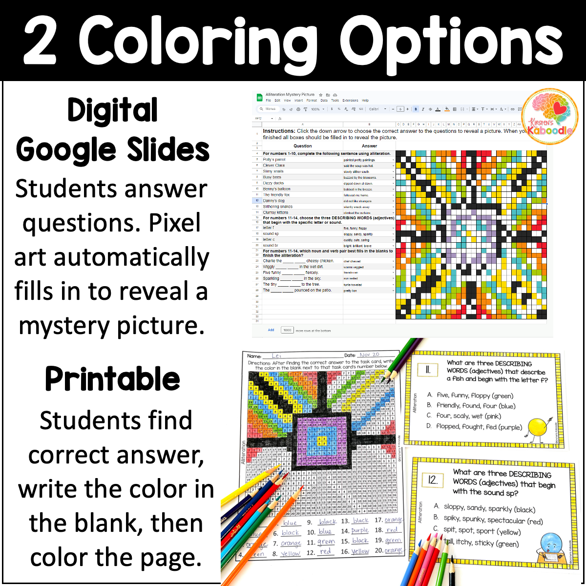 Alliteration Pixel Art Color by Code Task Cards Activity Coloring Page: Print & Digital - Image 4