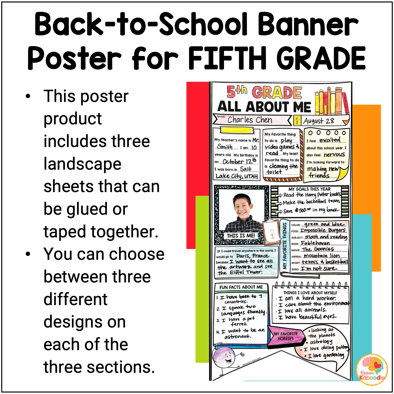 5th Grade All About Me Banner Poster Activity: First Day of First Week of School Craft - Image 2