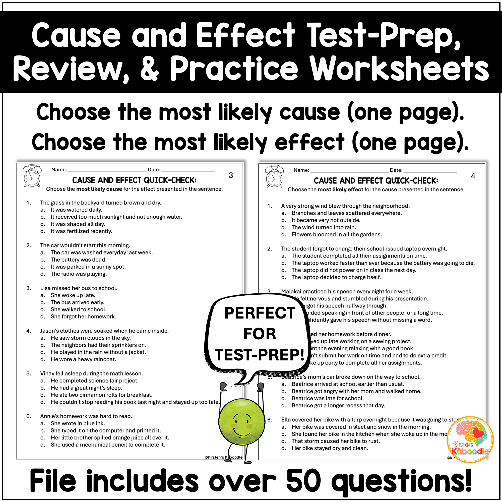 Cause and Effect Quick Checks: Test Prep Practice Worksheets Review for 3rd, 4th, 5th, 6th Grade - Image 4