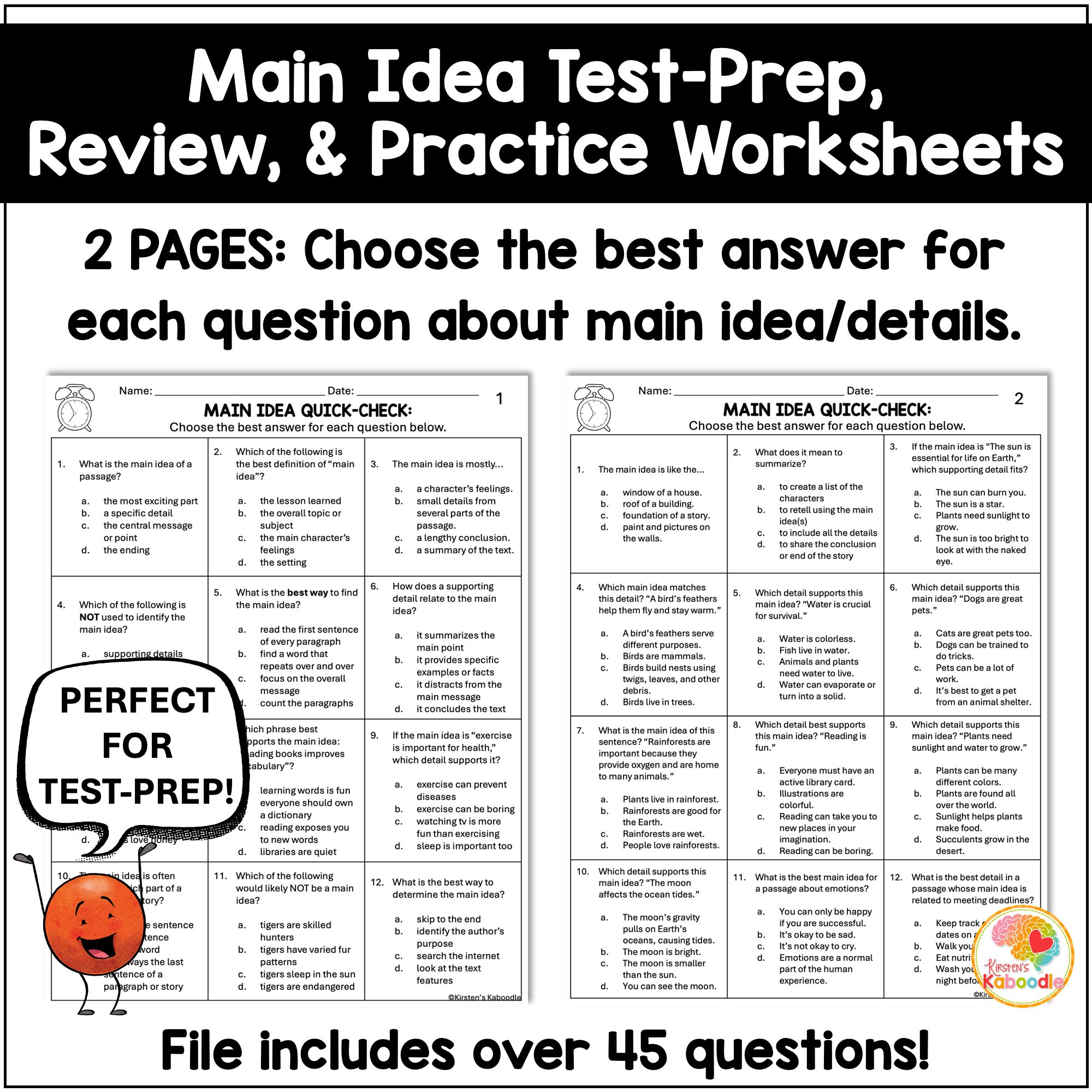 main-idea-test-prep-quick-check-worksheets