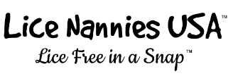 Text logo for "Lice Nannies USA" with the tagline "Lice Free in a Snap. Solve your lice problems with Lice Nannies USA.