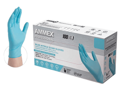 Box of 100 Ammex Professional blue nitrile exam gloves. A single glove is also shown.