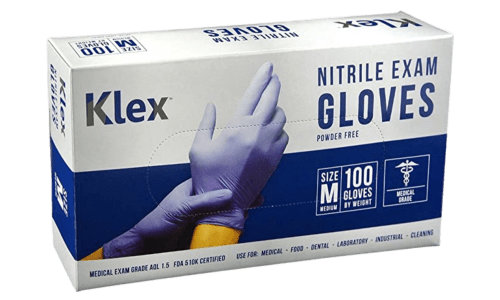 Box of Klex nitrile exam gloves, size medium.