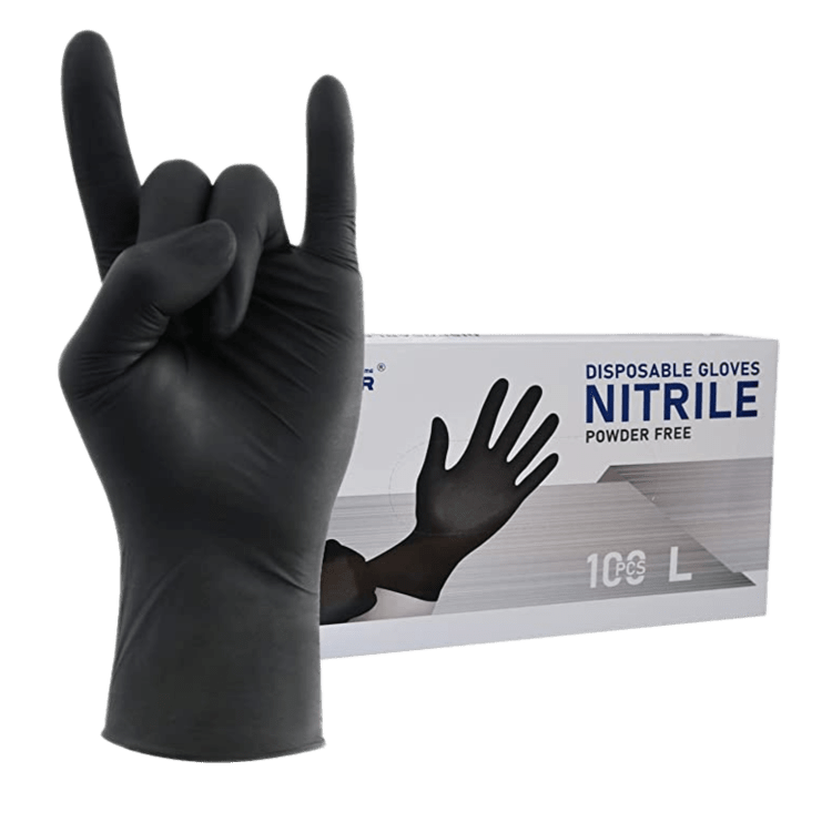 Black nitrile gloves displayed with a box of 100 powder-free gloves.