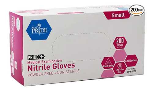 Box of 200 Med Pride nitrile gloves, small size. Powder-free, non-sterile, single-use.