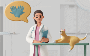 Veterinarian with cat, discussing nitrile gloves for animal handling.