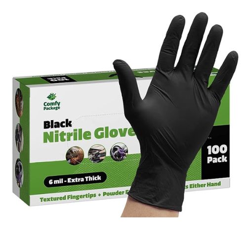 100 black nitrile gloves, 6 mil thick, textured fingertips. Ideal disposable gloves for mechanics.