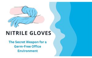 Hands putting on blue nitrile gloves. Nitrile gloves for a germ-free office.