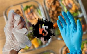 Nitrile vs vinyl gloves: close-up of a hand in each glove type. Food safety comparison.