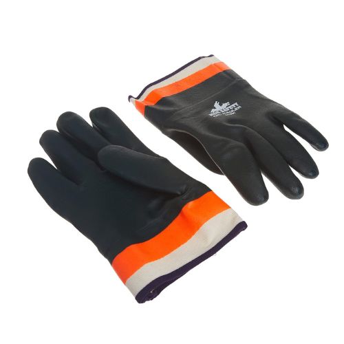 Pair of black nitrile gloves with orange safety cuffs.
