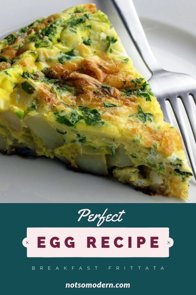 A visually appealing Pinterest pin featuring a golden slice of potato and kale frittata on a white plate, with text overlay reading "Perfect Egg Recipe – Breakfast Frittata." This pin highlights a wholesome, easy-to-make potato and kale frittata recipe ideal for any meal.