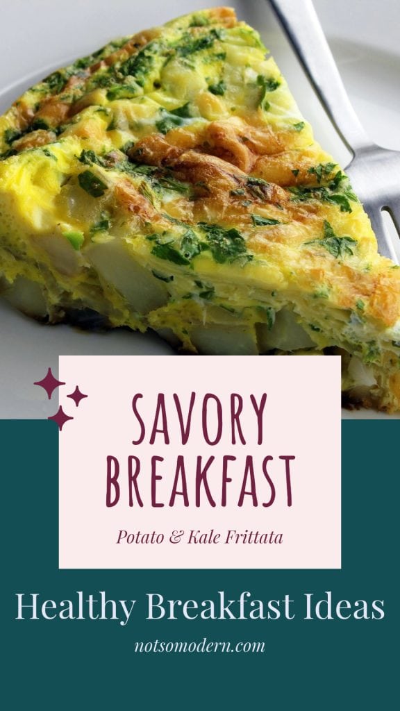 A Pinterest pin featuring a slice of golden potato and kale frittata on a white plate with a fork, paired with the text "Savory Breakfast – Potato & Kale Frittata" and "Healthy Breakfast Ideas." This pin highlights a delicious and wholesome recipe ideal for a nutritious start to the day.