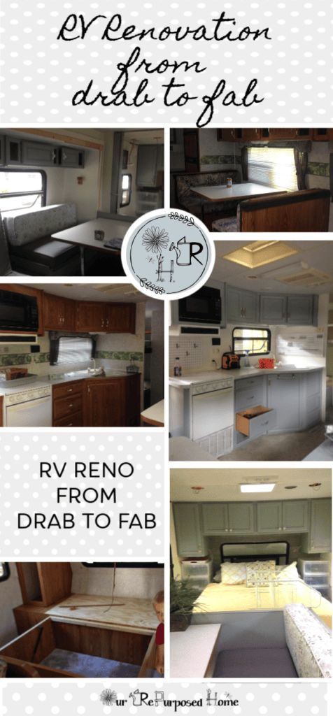 pinterest pin describing our camper remodel with before and after pictures