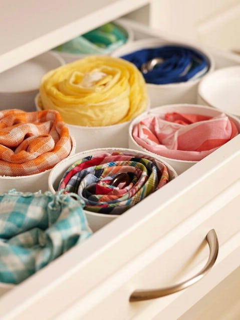 PVC pipes to organize scarves in a drawer