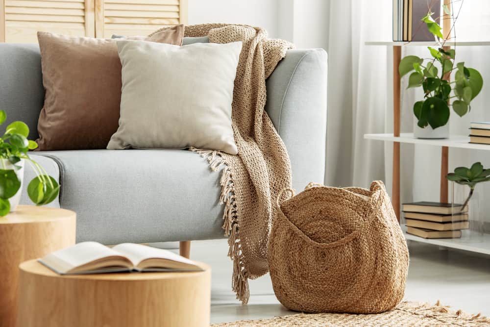 sofa with pillows and throw in pretty room