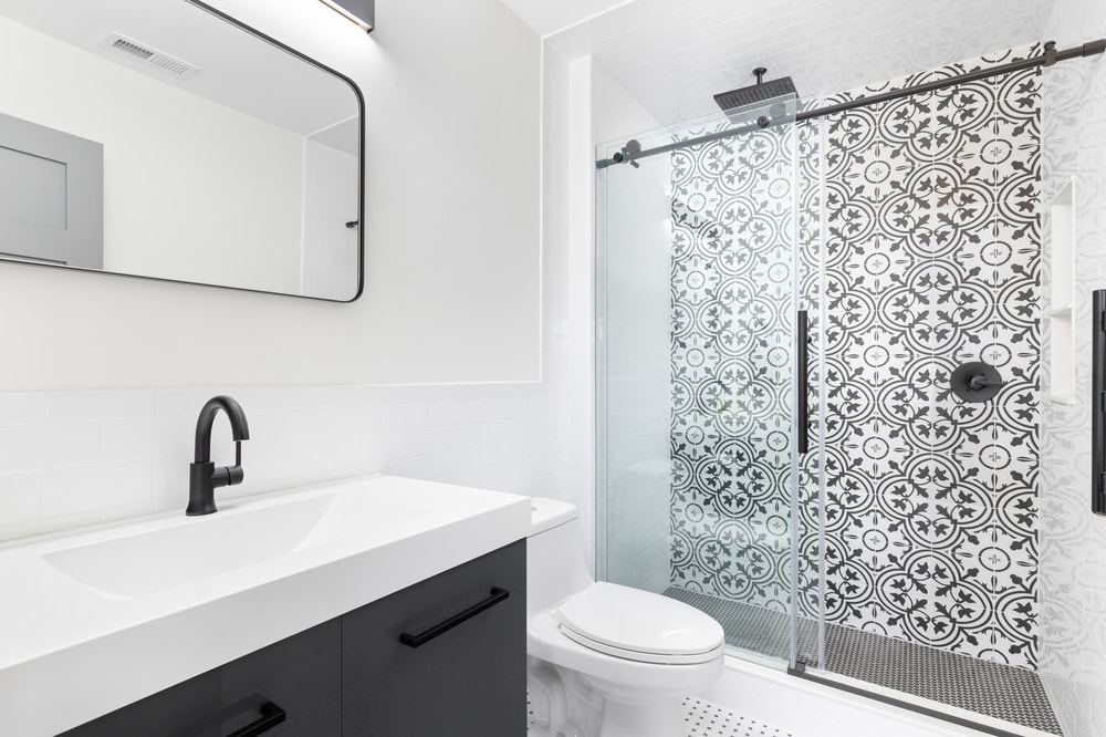 Black and white mobile home bathroom remodel