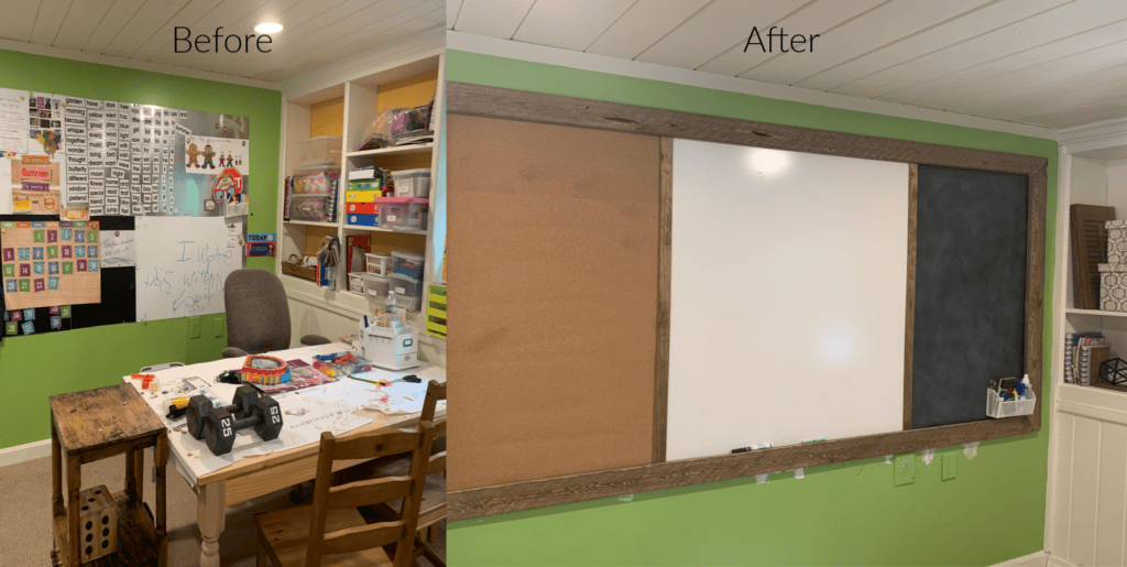 before and after pics of a new DIY magnetic bulletin board with magnetic chalk board, cork board and white board