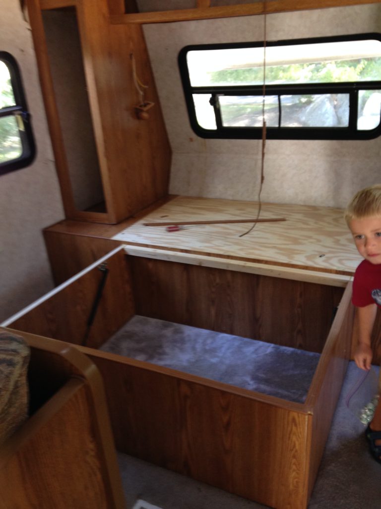 picture of our RV bedroom before it was torn apart.  Camper remodel before and after