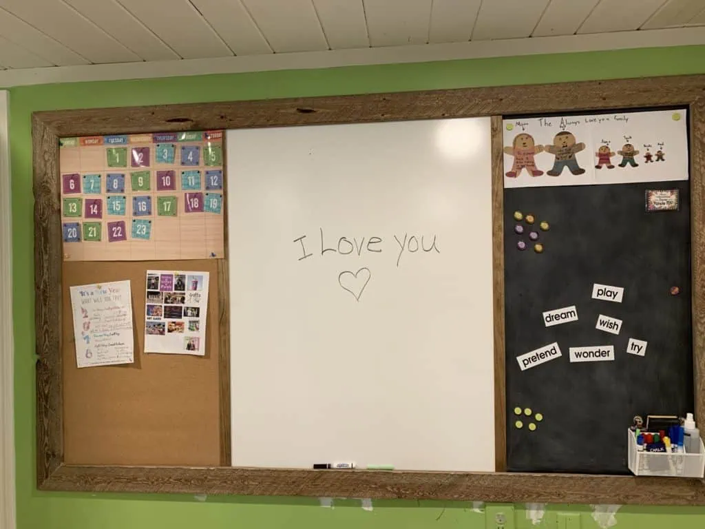 DIY magnetic bulletin board with magnetic chalkboard, cork board and dry erase board