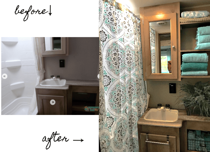 RV reno before and after of the bathroom cabinets