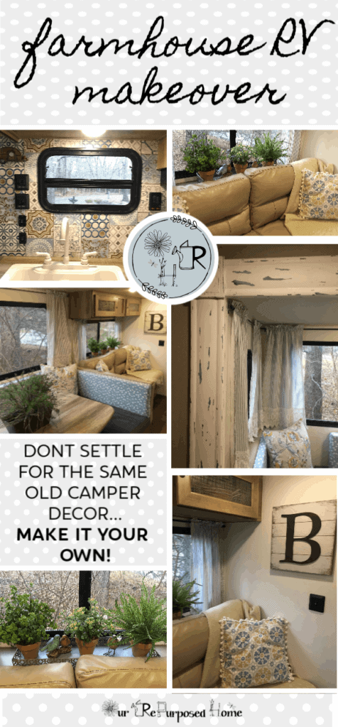 RV renovation images showing after pictures of a farmhouse style renovation on our travel trailer