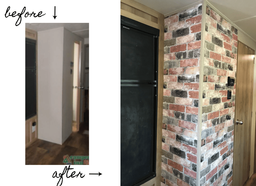 RV Renovation in the farmhouse style.  Before and after of the faux chimney