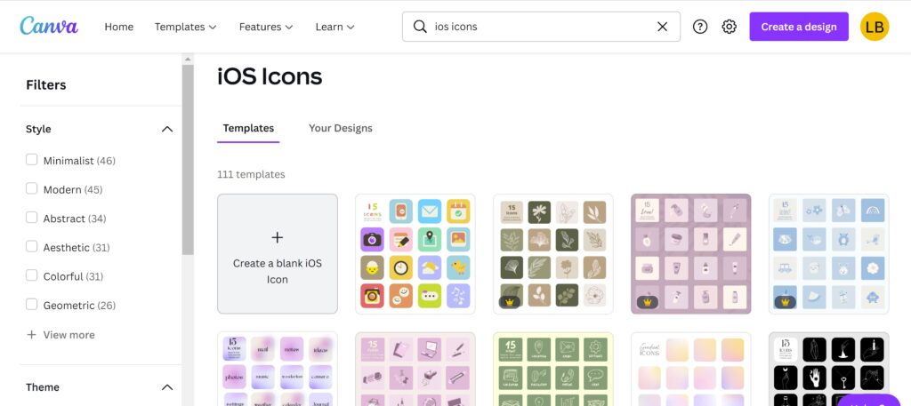 Canva's home screen where you can choose ios icons for your desktop to make it pretty