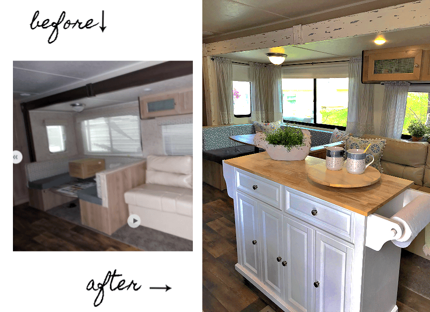 RV reno before and after of the kitchen