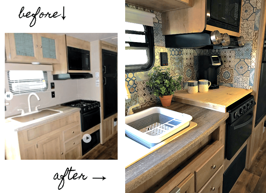 RV reno before and after kitchen view