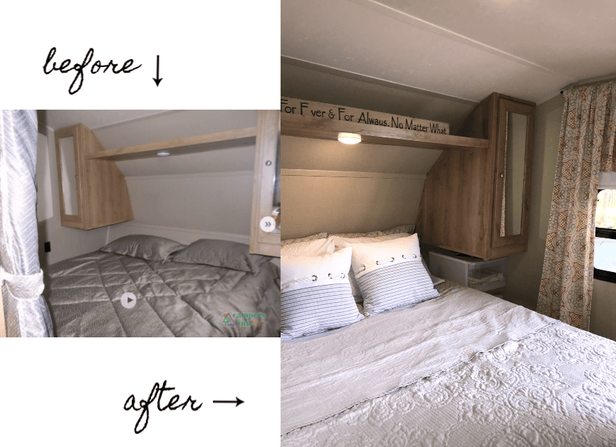 RV reno before and after of the master bedroom