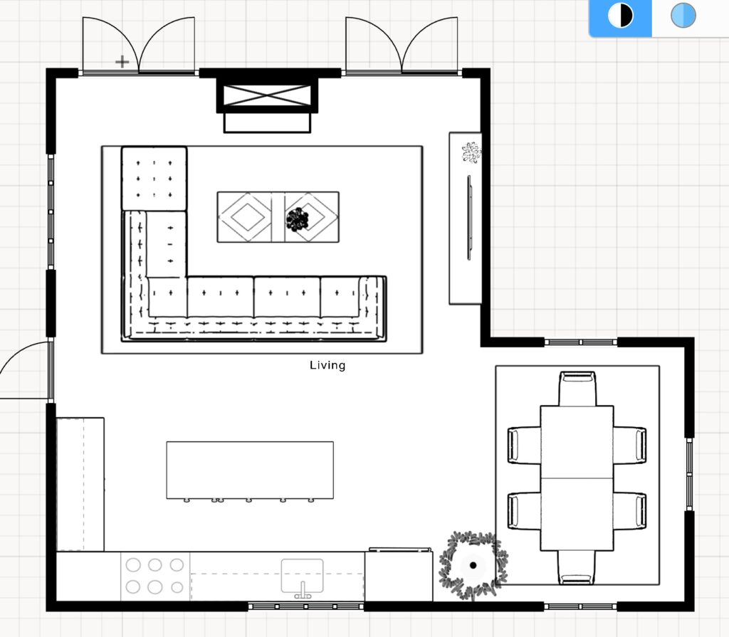 floor plan showing sofa arrangement in an open living room