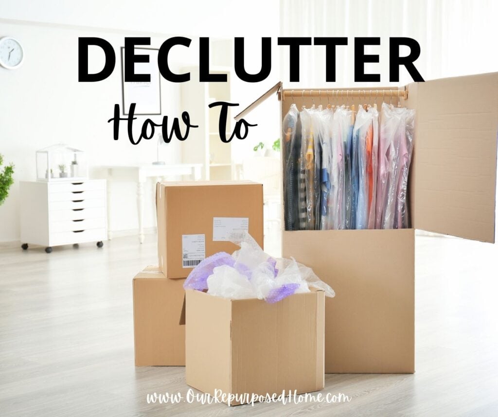 boxes in living room for decluttering