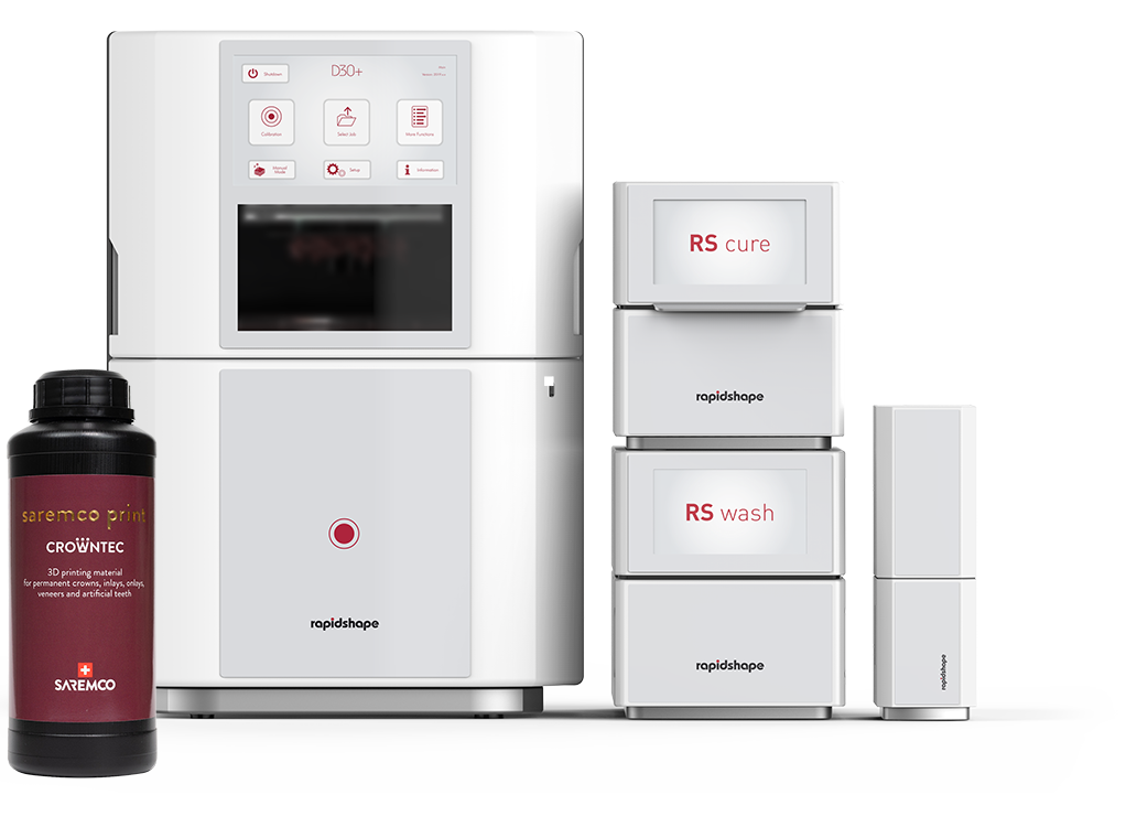 Press Release Image of Rapid Shape D30+ with RS wash and cure and SAREMCO Dental AG material Crowntec