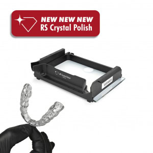 Hand holding a 3D printed dental splint next to a Rapid Shape Crystal Polish Reservoir for the PRO 20