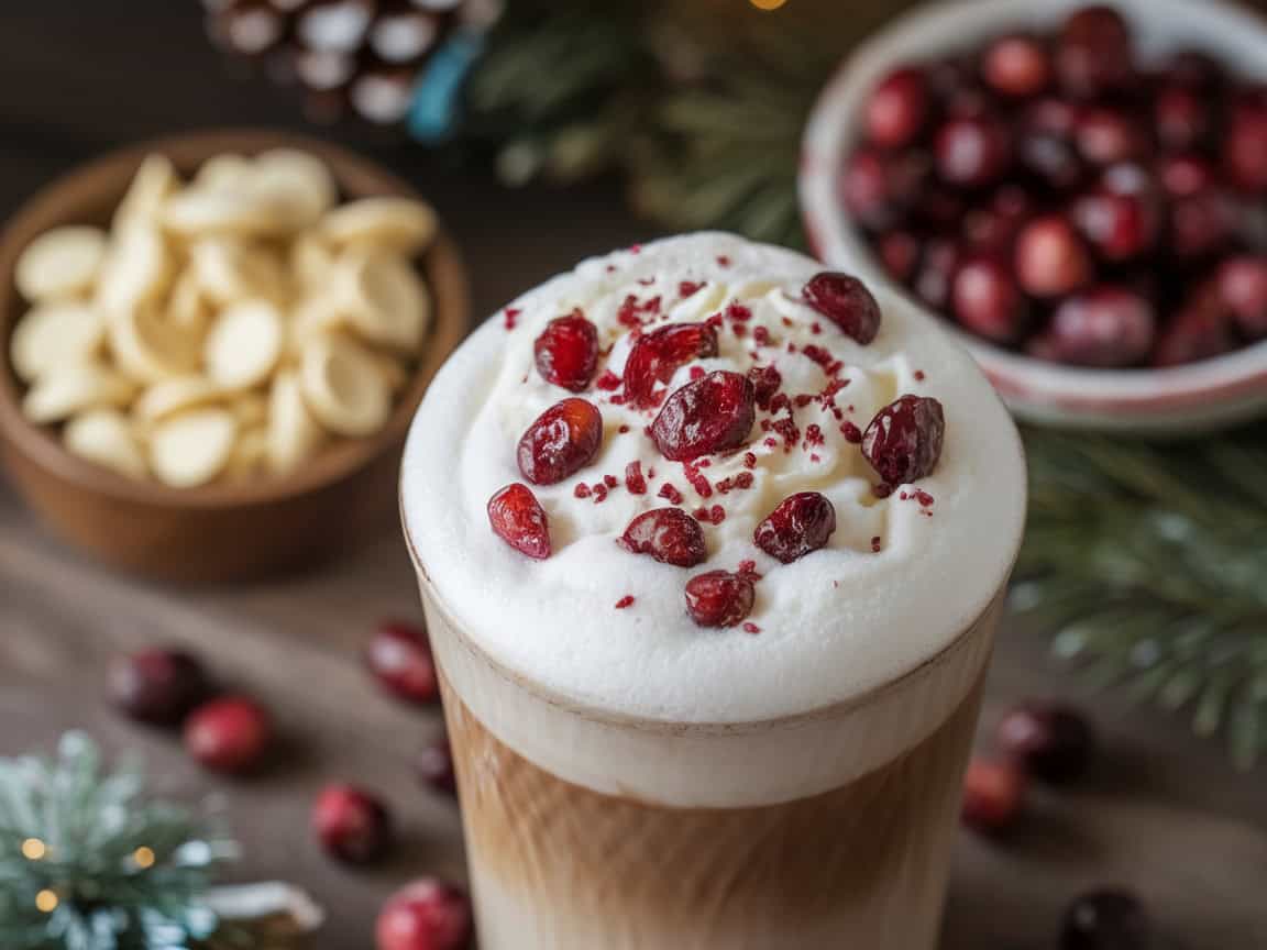 Cozy Up This Fall Season with 14 Delicious Fall-Inspired Coffee Recipes 13 14. White Chocolate Cranberry Mocha with Cranberry Garnish