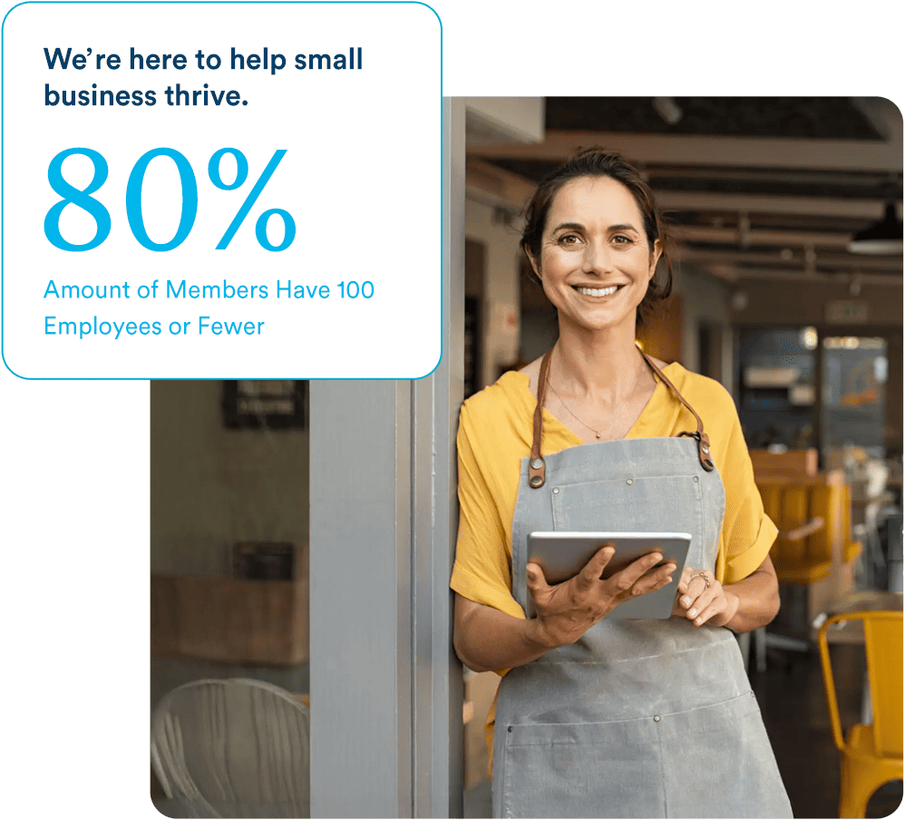 A smiling woman wearing a yellow shirt and gray apron stands in a café holding a tablet. A text box reads: “We’re here to help small business thrive. 80% Amount of Members Have 100 Employees or Fewer.”.