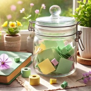 A jar full of green, yellow and purple notes sat on a desk next to some house plants and flowers as well as a journal. The jar is full of positive quotes for positivity jar taken from this post