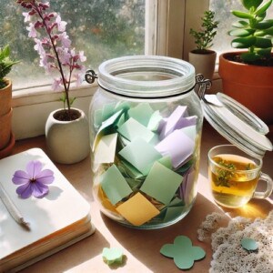 An open year of positivity jar on a desk, full of yellow, green & purple notes. The desk is by an open window with lavender on the windowsill