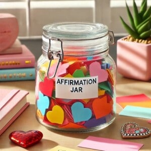 A glass jar on desk full of bright colourful notes that uses our positive affirmation jar ideas
