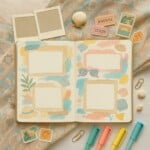 A scrapbook with pastel-colored frames, shells, leaves, sunglasses, and summer-themed doodles—plus journaling prompts for summer—surrounded by markers, paper clips, seashells, tickets, and blank polaroids on a patterned cloth background.