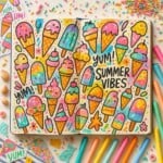 Colorful doodles of ice cream cones and popsicles fill an open notebook, capturing the joy of summer art journaling. Yum! And summer vibes pop in bold letters amid bright markers, candy, and sprinkles on a vibrant surface.