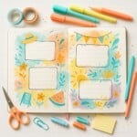 An open notebook with colorful, summer bucket list journal ideas, doodles, and blank boxes for notes is surrounded by pastel pens, pencils, scissors, paper clips, sticky notes, and decorative washi tape on a white surface.