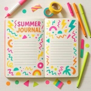 An open summer journal with colorful abstract designs around the edges, surrounded by markers, pens, washi tape, and paper cutouts on a white surface—perfect for inspiring creative summer journal activities on its lined pages.