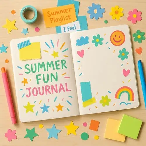 summer journal ideas for kids 1 An open journal decorated with colorful stickers, stars, flowers, and washi tape; the left page reads “summer fun journal,” and the right page is blank with doodles of a rainbow, flowers, and a smiley face. The perfect set up for our summer journal ideas for kids