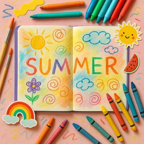 summer journal ideas for kids 2 An open notebook displays summer in colorful crayon, surrounded by drawings of the sun, clouds, flower, and rainbow. Crayons, markers, and cheerful summer-themed stickers decorate the scene. The perfect setup ready to use our summer journal ideas for kids