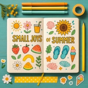 A bullet journal layout ready to start discovering our summer journal topics. Across the page 'small joys of summer' is written in big yellow writing and this is surrounded by doodles of summer items like flip flops, strawberries, ice creams and flowers