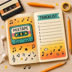 An open notebook features a colorful summer playlist journaling mixtape illustration and music notes on the left page, with a blank tracklist for journaling on the right. Cassette tapes, headphones, pens, and tape are scattered across the wooden surface.